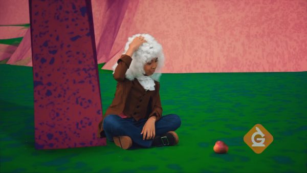re-enactment of issac newton and an apple falling on his head