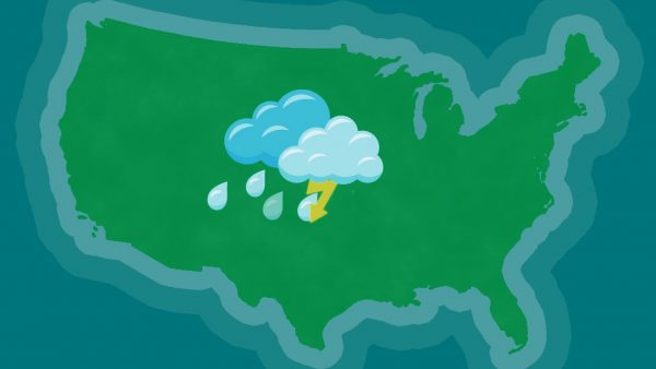 thunderstorm moves across the united states on a weather map