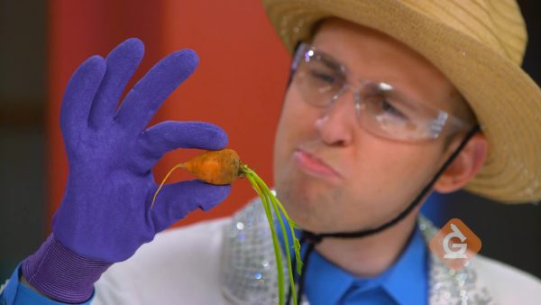 scientist looks at a tiny carrot