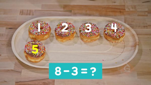 Use fingers to subtract donuts.