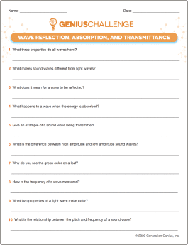 Wave Reflection, Absorption & Transmittance Printable Worksheet